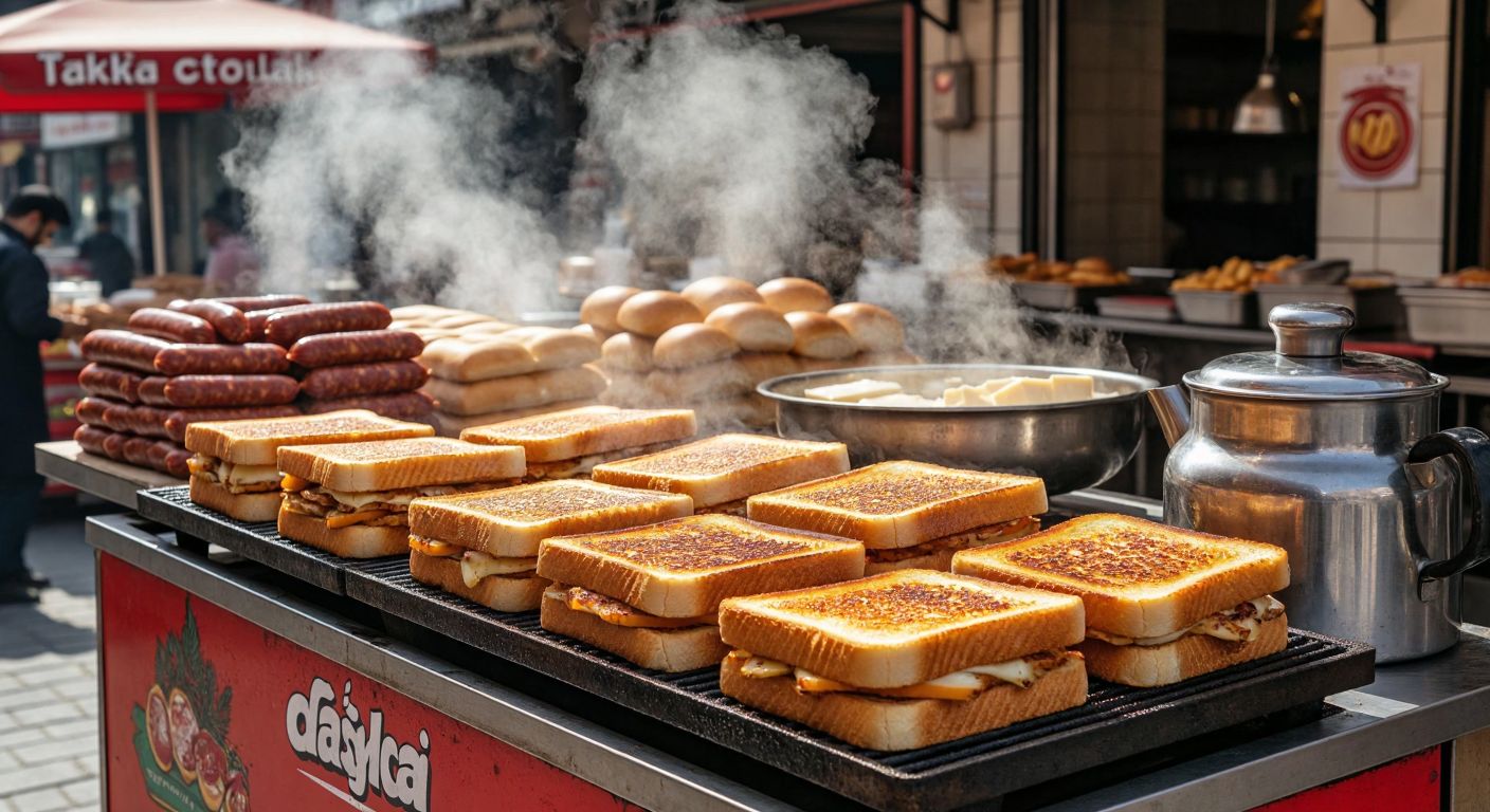 A bustling Turkish tostçu stand with a sizzling grill piled with golden-brown toast sandwiches, surrounded by fresh bread loaves, stacks of sucuk and kaşar peyniri, and a glass cooler filled with ayran and sodas, while steam rises from a nearby çaydanlık.