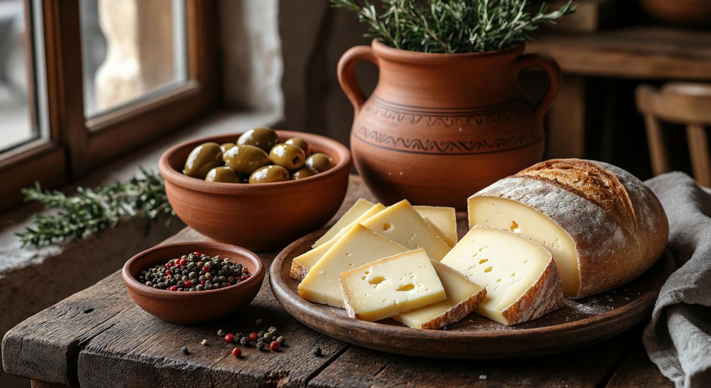 A rustic wooden table in a Turkish kitchen holds a plate of smoked cheese slices and a small bowl of aromatic smoked salt, with a clay pot of olives and fresh bread nearby, evoking warmth and rich flavors.