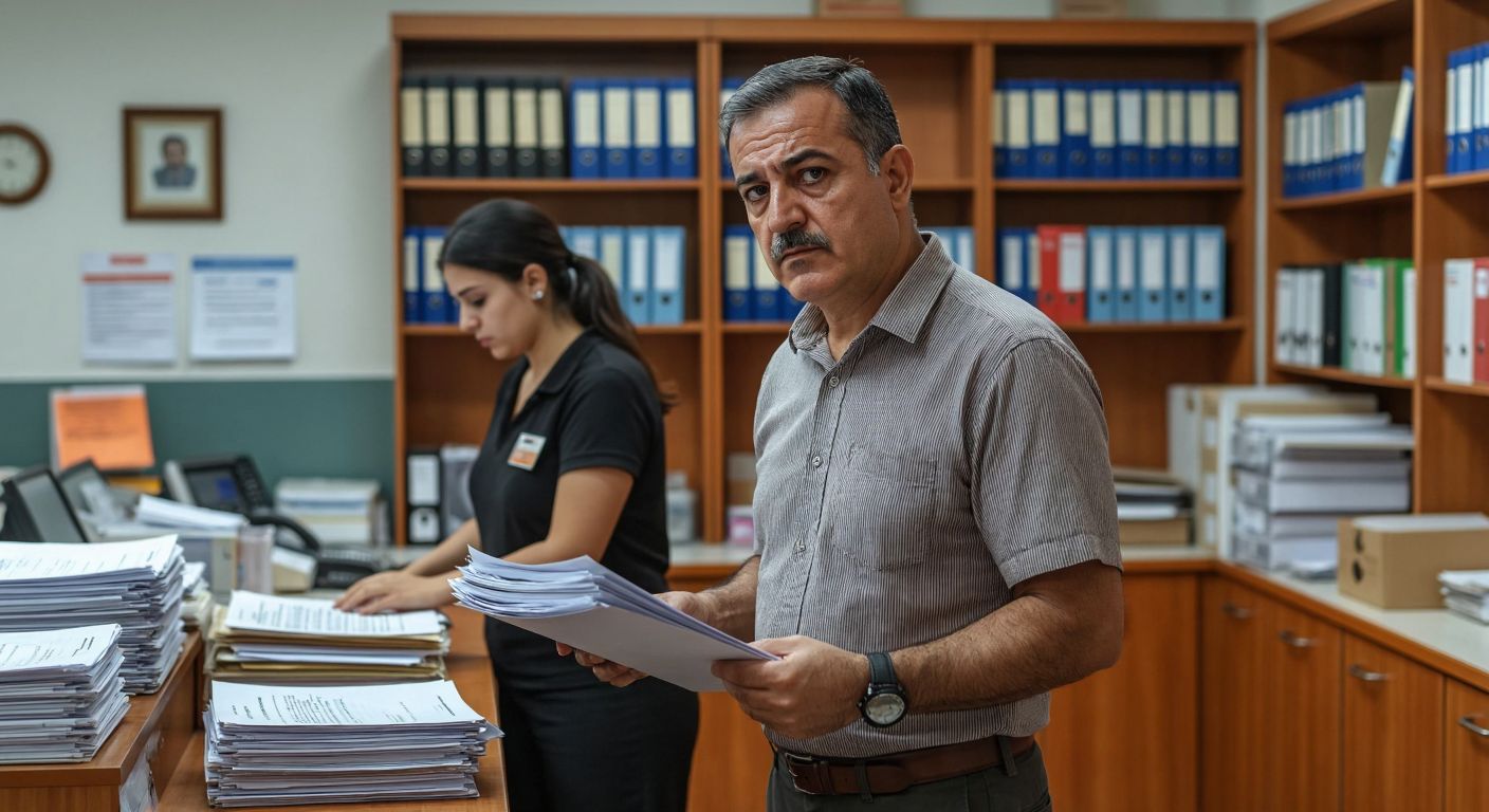 A determined middle-aged man in a collared shirt stands at a municipal office counter in Turkey, holding a stack of documents, while a clerk behind the desk reviews them with a focused expression, shelves of labeled files visible in the background.