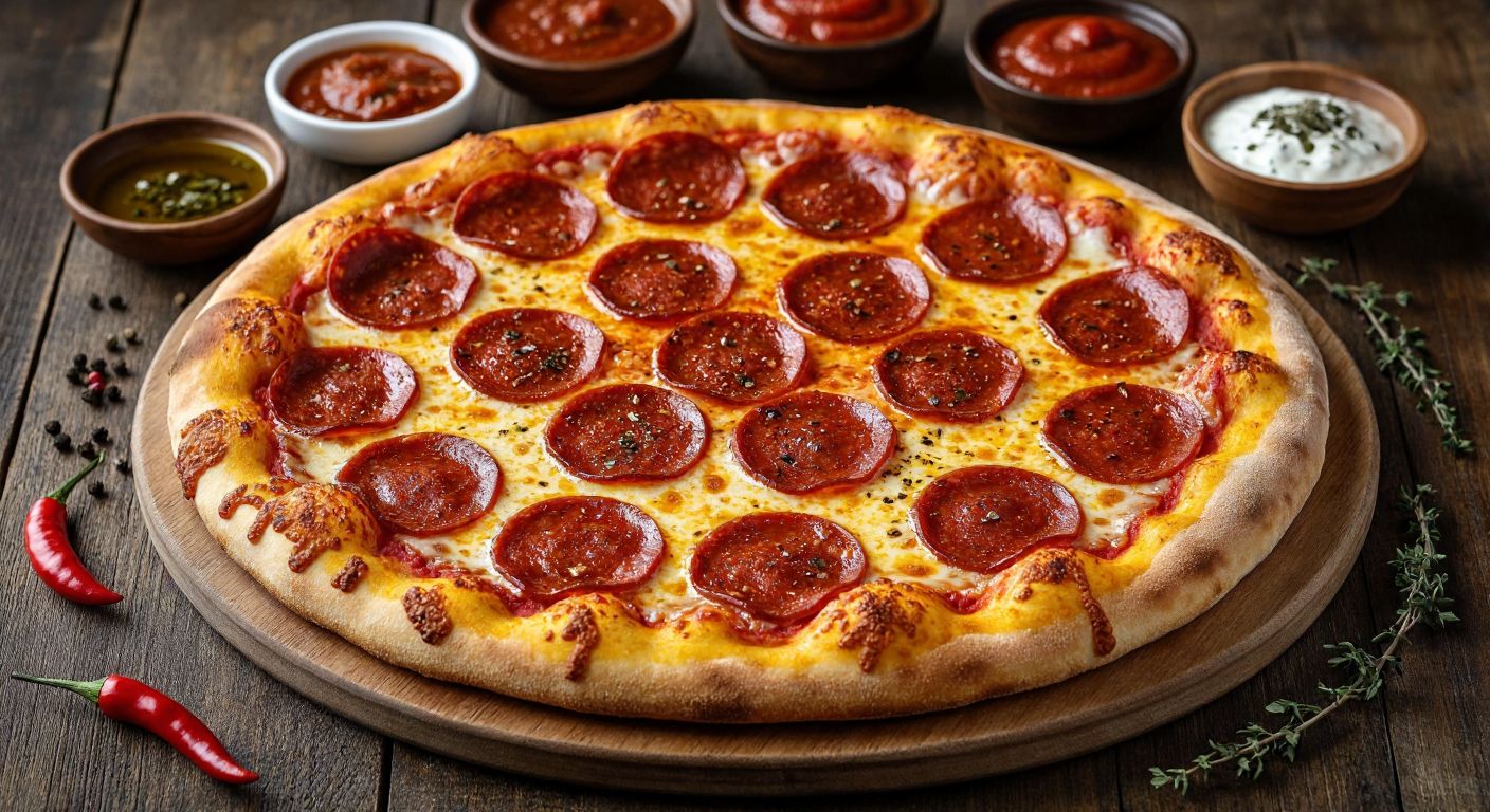 A golden-brown pizza topped with generous slices of spicy Turkish sucuk, glistening with a rich tomato-based sauce, surrounded by small bowls of tomato paste, chili sauce, olive oil, and oregano on a rustic wooden table.