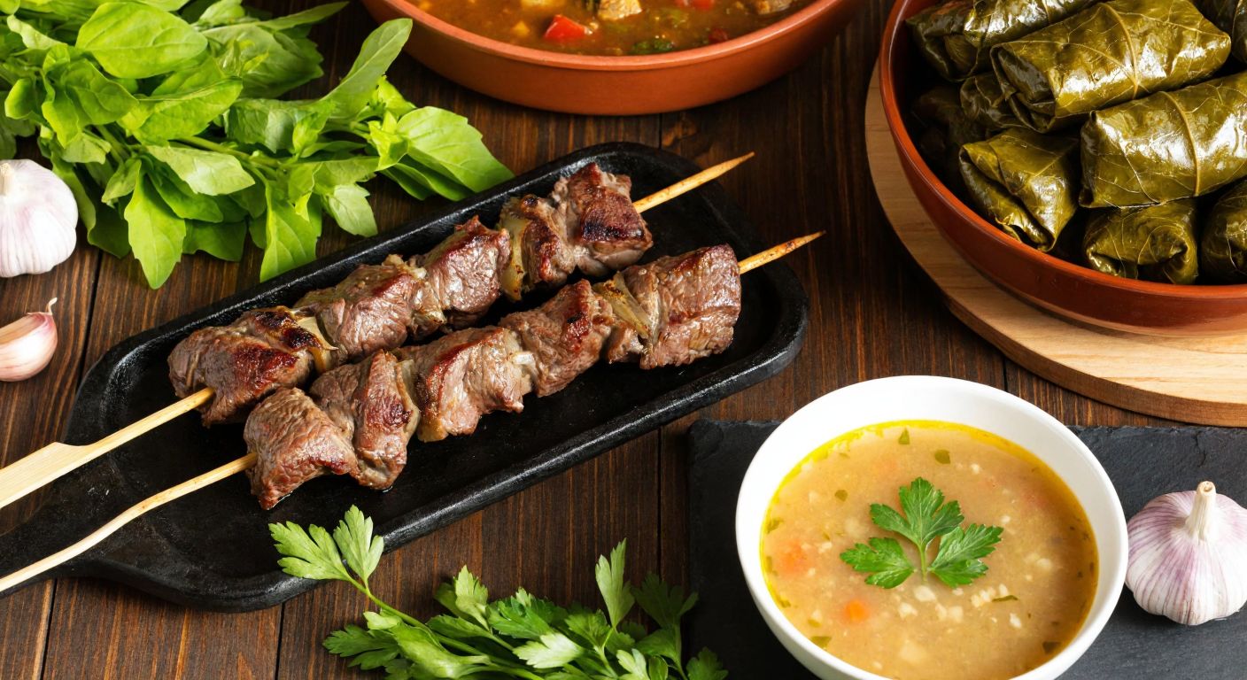 A rustic wooden table set with sizzling skewers of lamb khorovats, a steaming plate of vine-leaf-wrapped tolma, and a bowl of rich khash soup, surrounded by fresh herbs and garlic cloves.