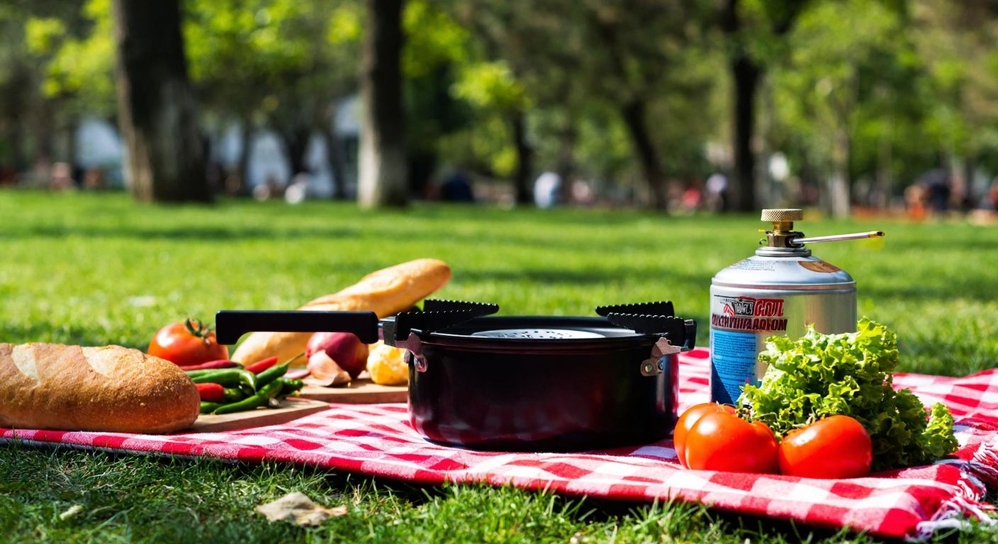 A sunny picnic scene in a Turkish park with a portable gas stove, a folded camping burner, and a small gas canister placed on a red-checkered blanket surrounded by fresh vegetables and bread.