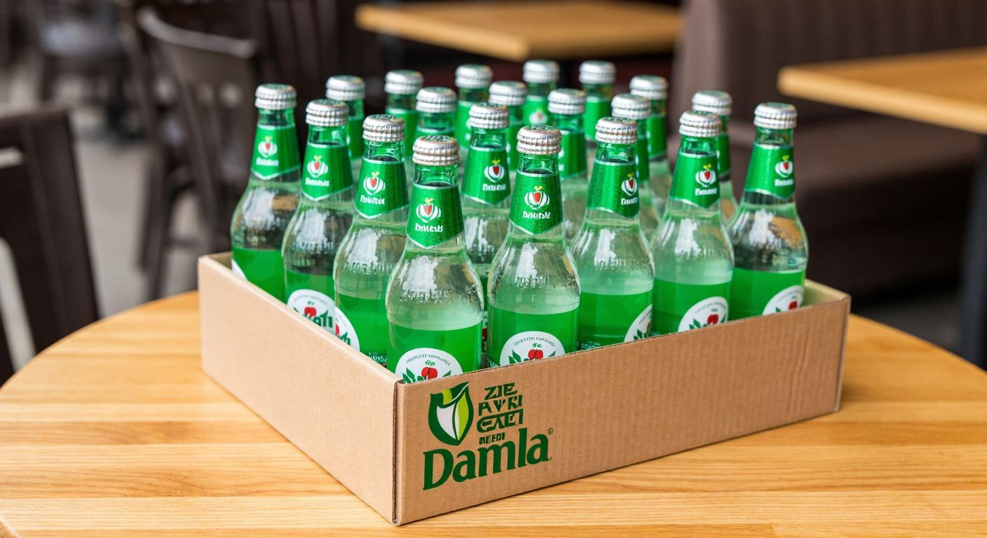 A sturdy cardboard box filled with 24 clear glass bottles of Damla soda, neatly arranged in rows, with condensation glistening on their green-labeled surfaces, placed on a wooden table in a Turkish café.