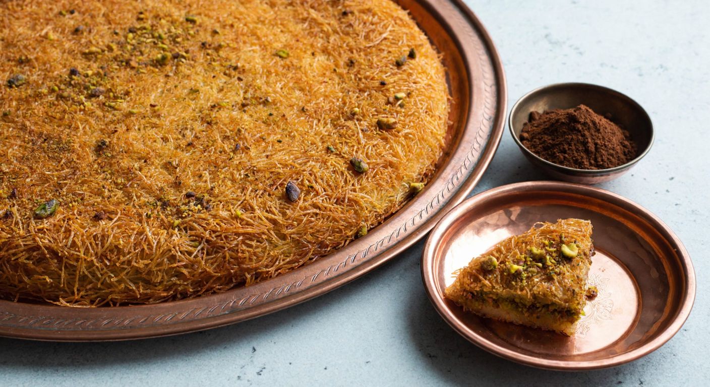 A golden-brown tray of freshly baked kadayıf, its crispy shredded dough layers glistening with syrup, stuffed with a generous mix of crushed walnuts and pistachios, resting on a traditional Turkish copper tray beside a small bowl of ground cinnamon.