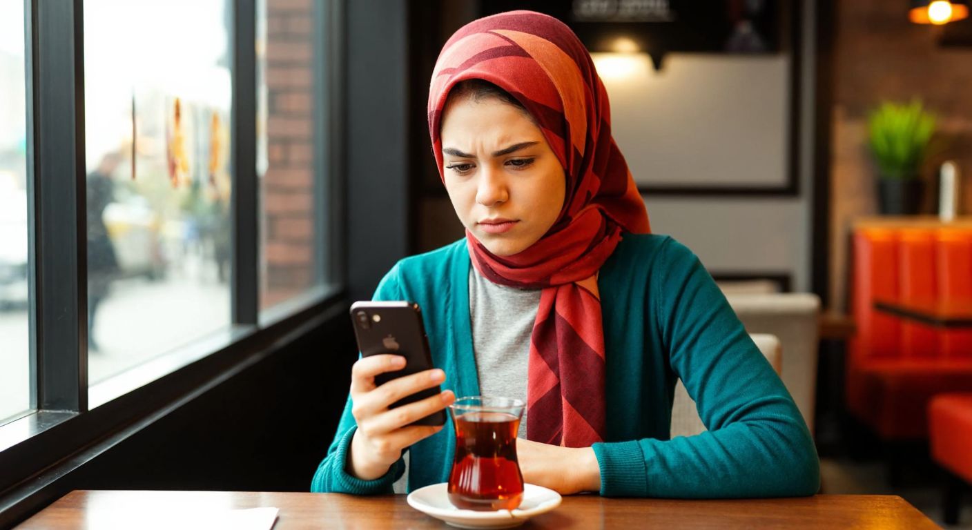 A young Turkish woman in a cozy café, wearing a stylish headscarf, frowns slightly while tapping her smartphone screen with one hand, holding a steaming cup of Turkish tea in the other.