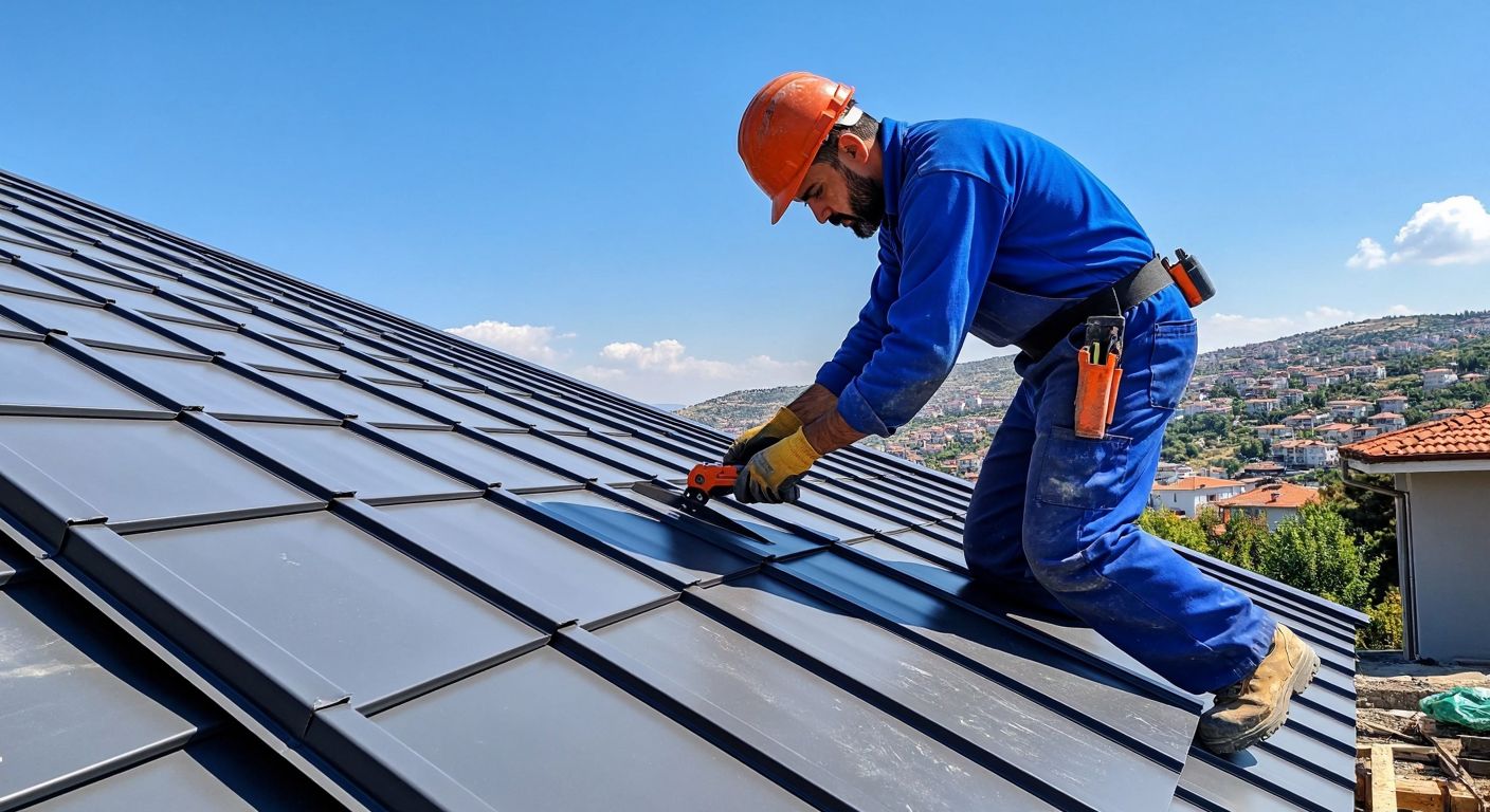 A skilled worker in a blue overall carefully measures and cuts a trapezoidal metal roof under the bright Turkish sun, while a pristine white window frame waits nearby to be installed.