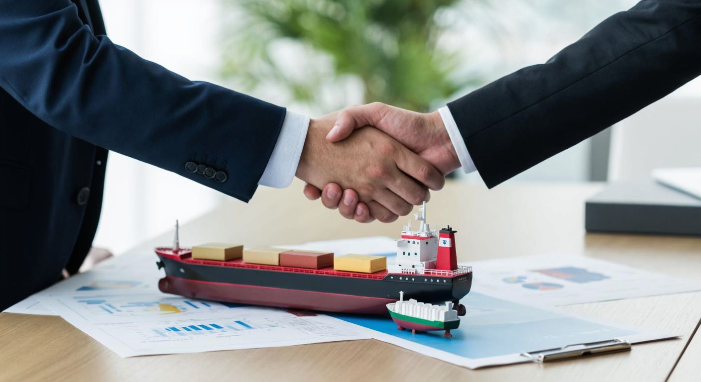 A Turkish businessman in a formal suit shakes hands with an international trader over a table covered with shipping documents and a small model cargo ship, symbolizing trust and global commerce.