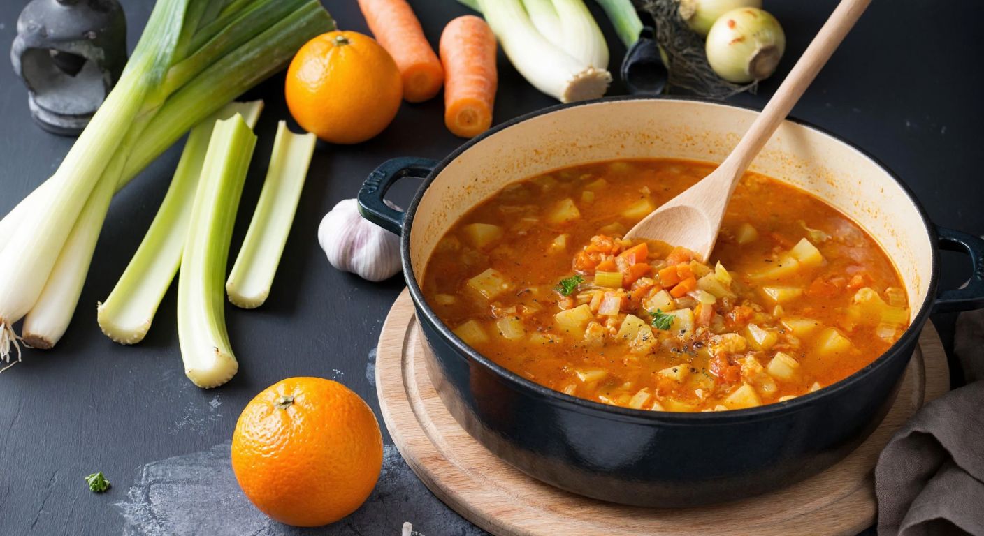 A rustic Turkish kitchen with a steaming pot of pırasalı kereviz yemeği, surrounded by fresh ingredients like leeks, celery, carrots, and an orange, with a wooden spoon resting on the pot's edge.
