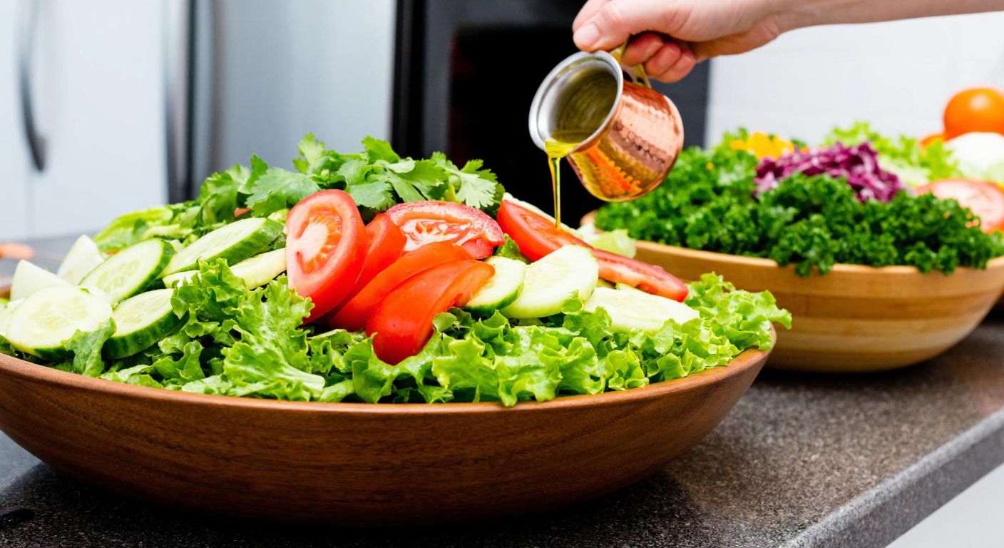 A vibrant Turkish kitchen counter with a large wooden bowl overflowing with fresh, colorful salad greens, cucumbers, and tomatoes, while a hand in the background carefully drizzles olive oil from a small copper pitcher.