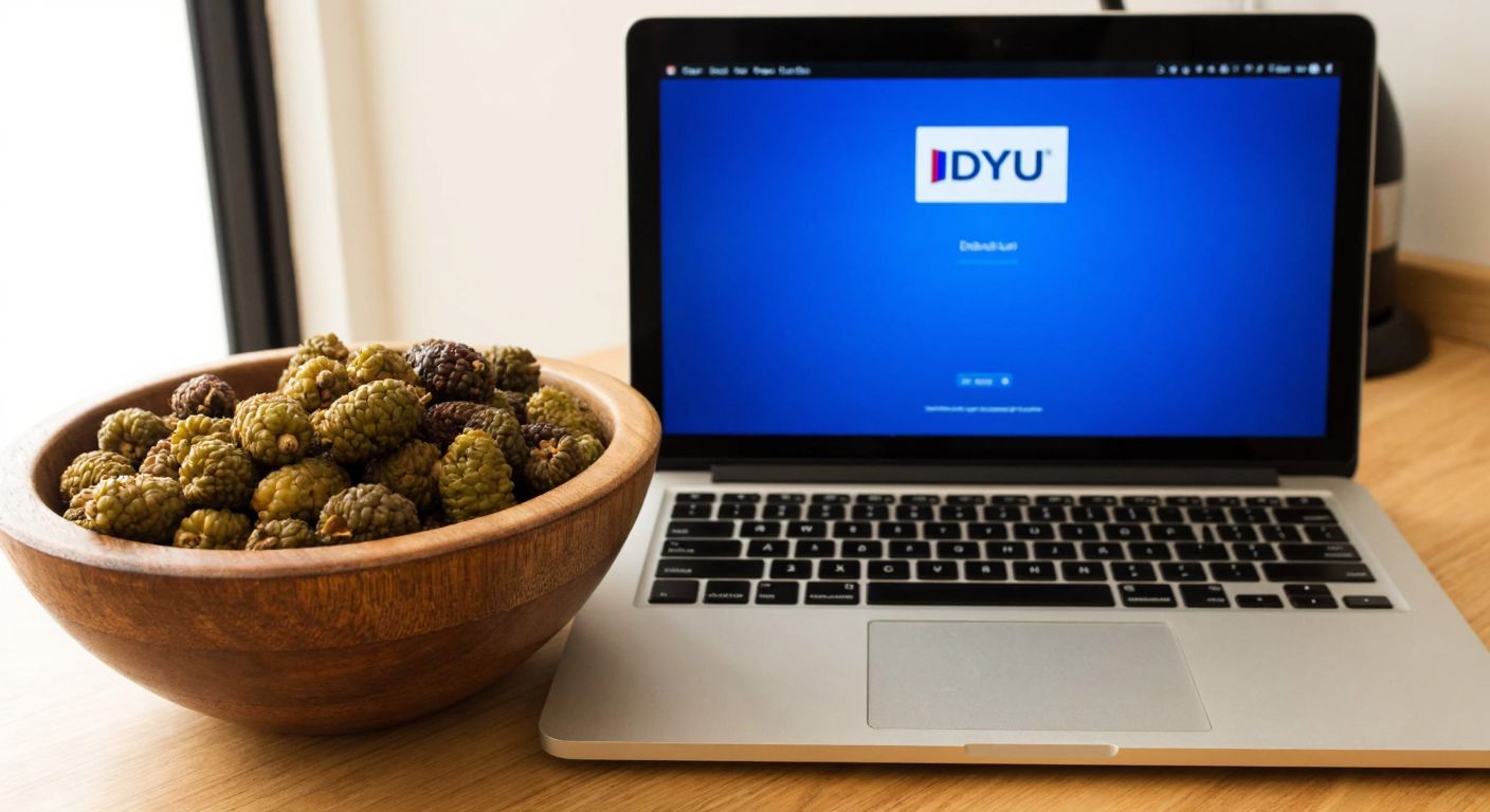 A rustic wooden bowl filled with dried mulberries sits beside a laptop displaying a driver installation screen, symbolizing both interpretations of "DYU" in a warm Turkish kitchen setting.