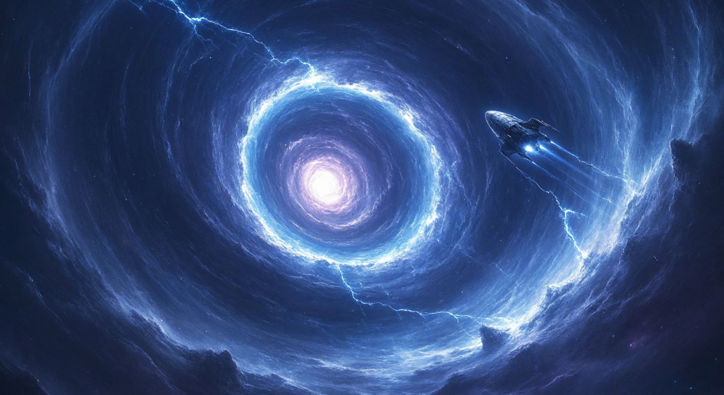 A swirling cosmic tunnel of deep blues and purples, collapsing violently at its center, with jagged cracks of radiant energy splitting the fabric of space around it, while a fragile spacecraft hovers perilously close to the unstable vortex.