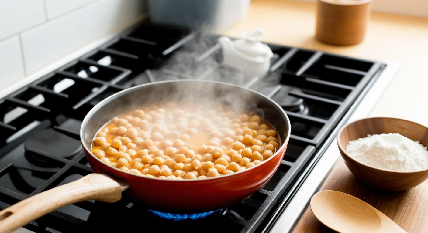 A warm Turkish kitchen with a bubbling pot of chickpeas on the stove, a wooden spoon resting beside it, and a small bowl of flour nearby, as steam rises gently from the pot.
