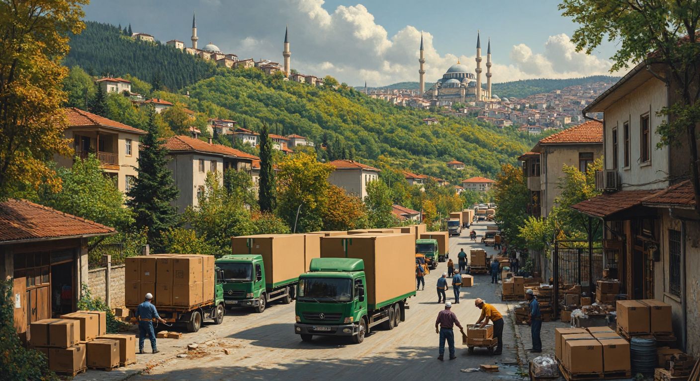 A bustling warehouse in Sakarya with workers loading boxes onto trucks, surrounded by the green hills of northwestern Turkey, while a similar scene unfolds in a busy Istanbul district with minarets visible in the distance.