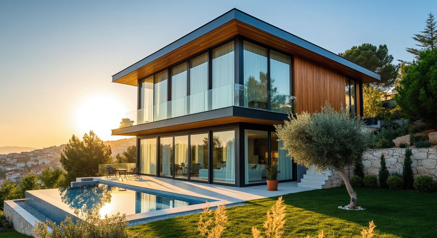 A sunlit modern Turkish home with large windows—one side reflecting cool blue tones (Isıcam Konfor) and the other radiating warm golden hues (Isıcam Sinerji)—set against a backdrop of Mediterranean greenery.