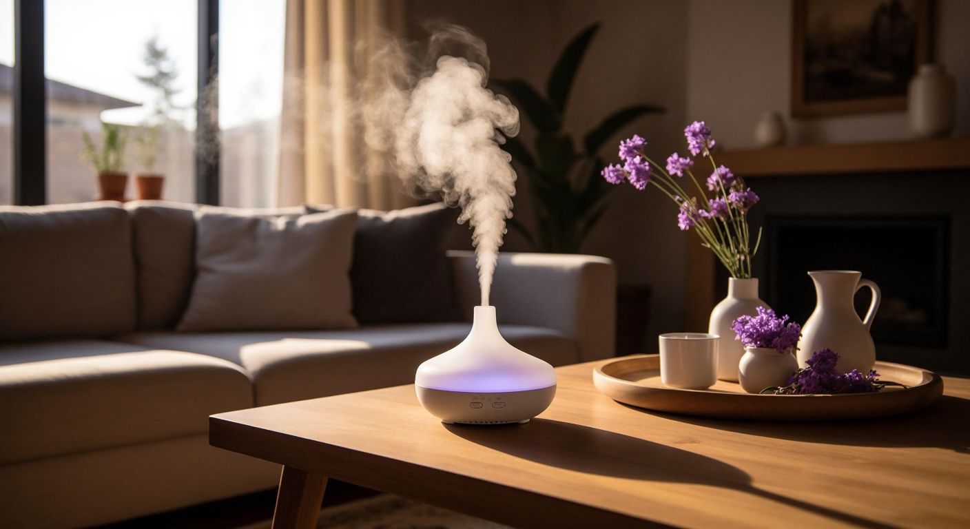 A sleek white electric room diffuser sits on a wooden table in a cozy Turkish living room, emitting a gentle lavender-scented mist that swirls into the air.