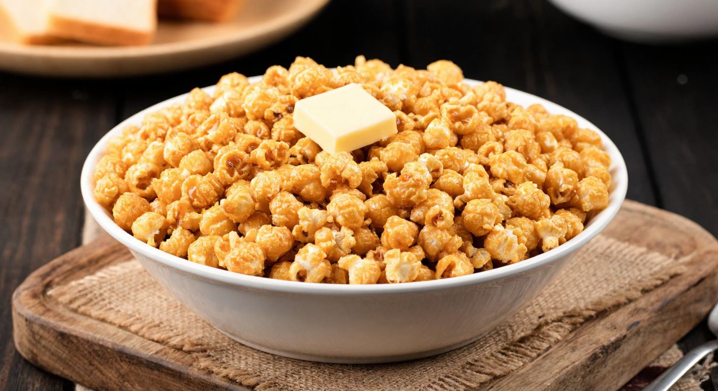 A golden-brown bowl of caramel-coated popcorn with a small cube of melting butter on top, placed on a rustic wooden table in a cozy Turkish kitchen.