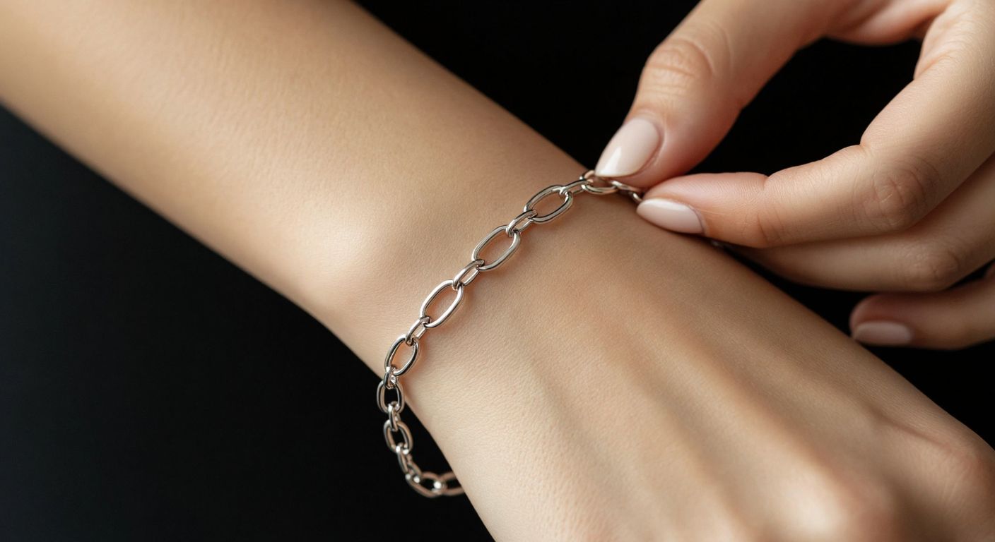 A close-up of a delicate silver chain bracelet with three distinct clasp types—a hinged clasp, magnetic ends, and interlocking hooks—being gently fastened around a slender wrist with well-manicured fingers.