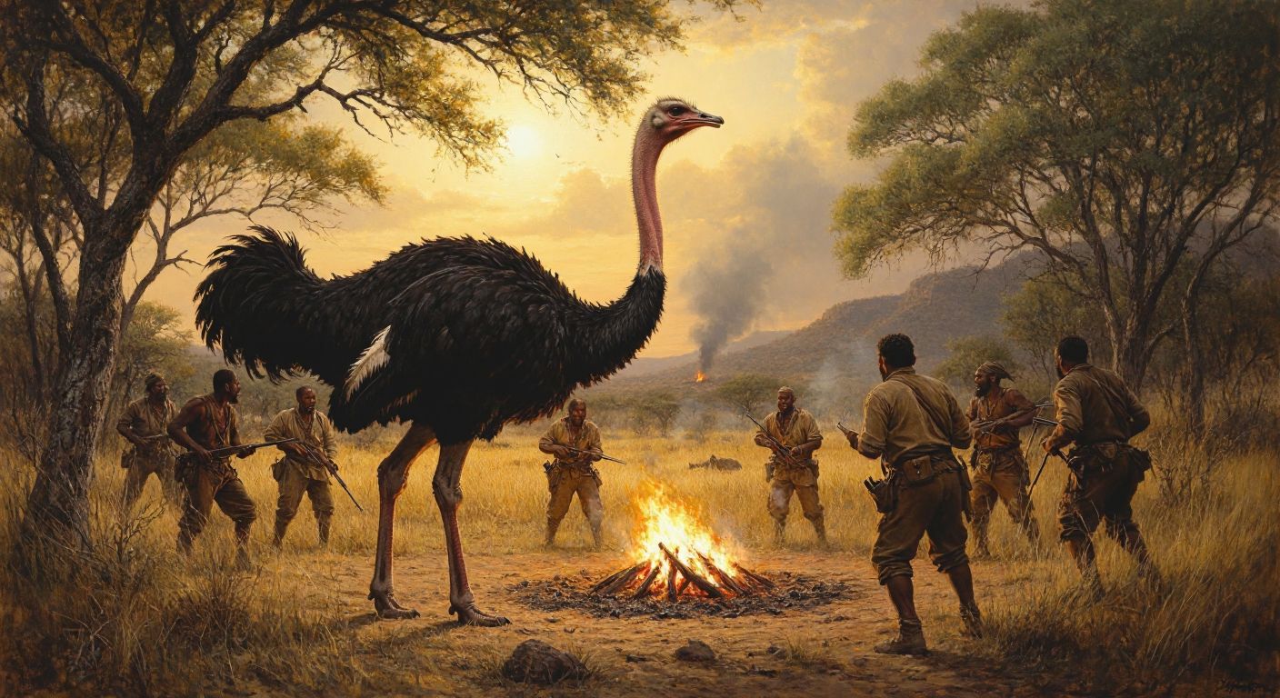 A group of hunters in a sunlit savanna carefully approaching a large ostrich, with its feathers shimmering in the light, while a distant fire pit suggests the preparation of its meat.