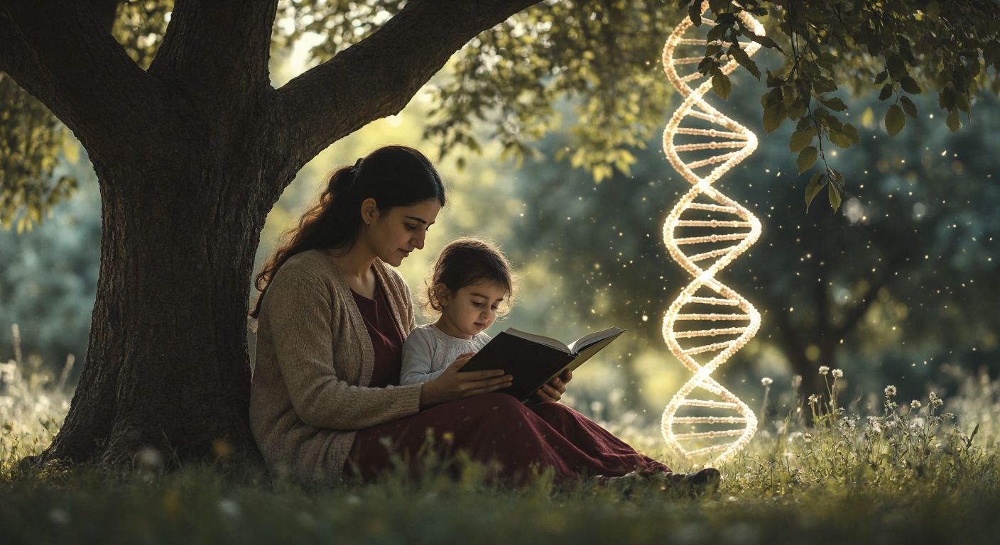 A Turkish mother and child reading a book together under a tree, with a DNA helix glowing softly in the background, symbolizing the blend of genetic inheritance and nurtured growth.