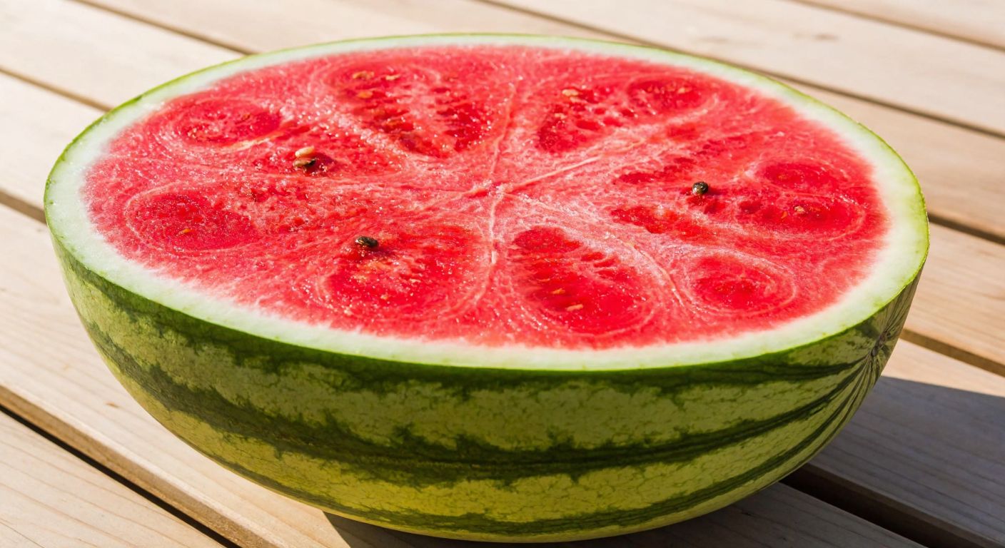 A ripe watermelon sliced open to reveal bright red flesh with black seeds, resting on a vibrant green rind with dark green stripes, placed on a sunlit wooden table.