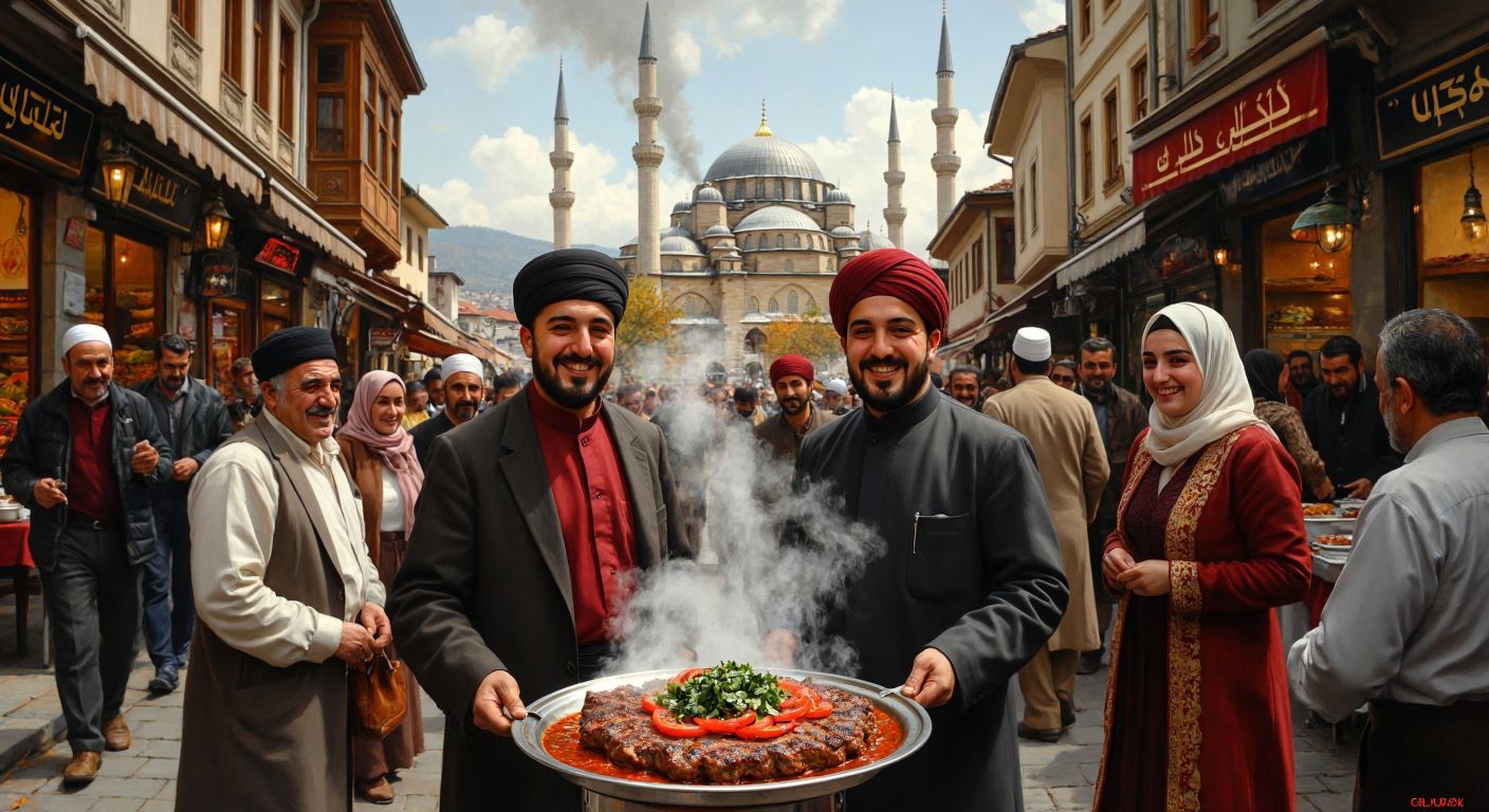 A bustling Bursa street scene with a steaming plate of İskender kebab at the center, surrounded by smiling locals in traditional Turkish attire, with the iconic Ulu Mosque in the background.