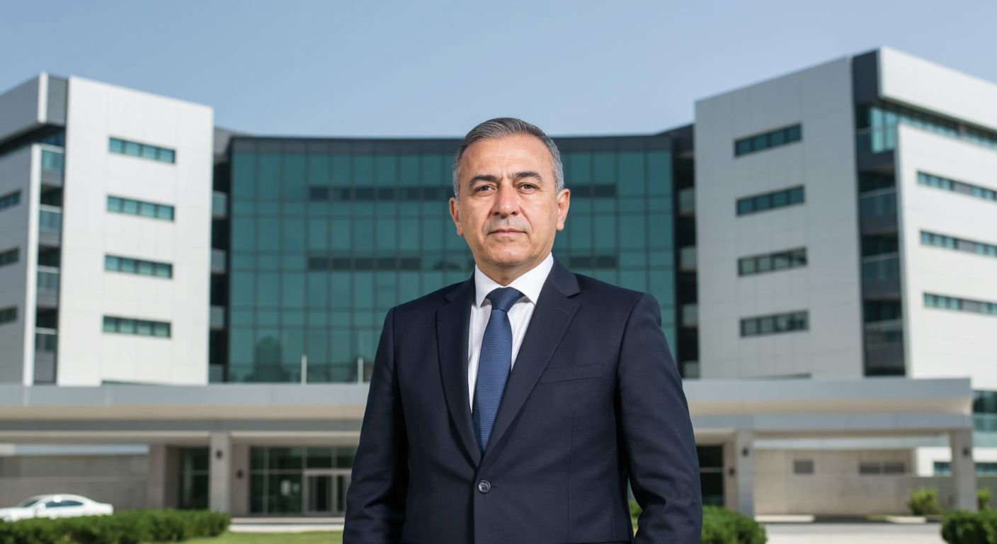 A distinguished middle-aged Turkish man in a formal suit stands confidently in front of a modern hospital building, exuding professionalism and authority.
