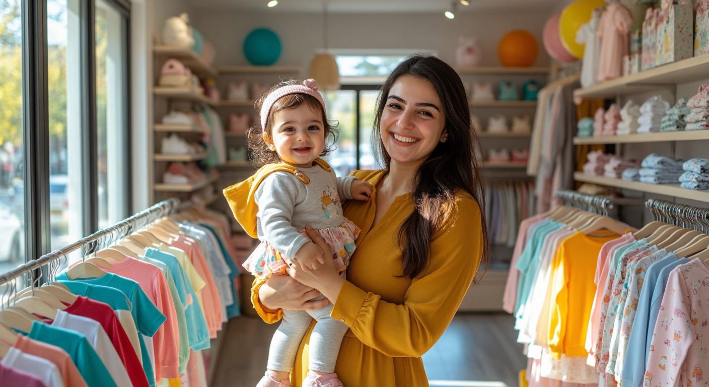 A cheerful Turkish mother holding her toddler dressed in colorful Divonette clothing, standing in a sunlit boutique filled with neatly displayed children's outfits.
