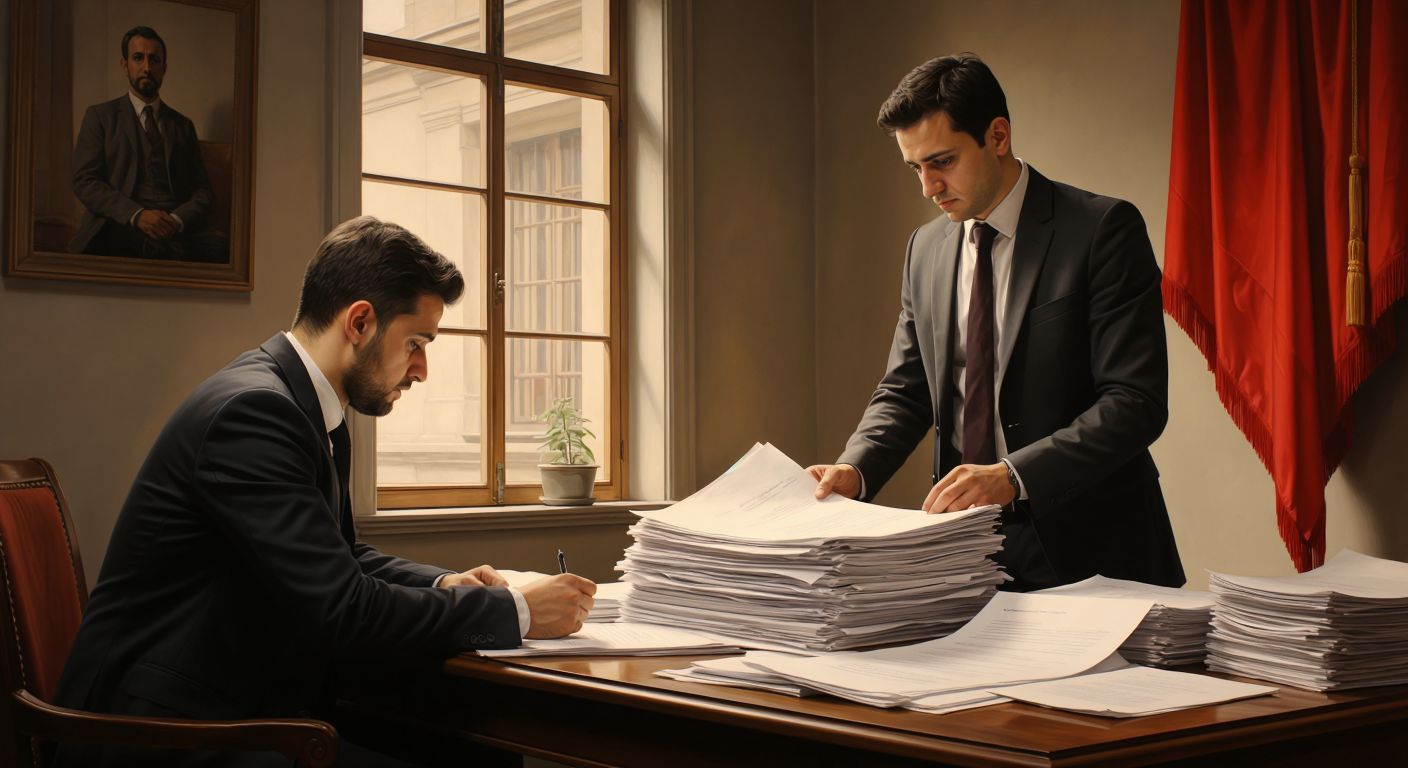 A solemn official in a German consulate reviews a neatly stacked pile of documents, including a formal invitation letter, while a hopeful Turkish applicant waits anxiously nearby.