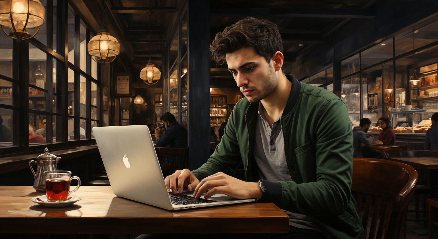 A young professional in a modern Turkish café, intently scrolling through job search websites on a laptop, with a steaming cup of Turkish tea beside them, looking determined yet slightly anxious.