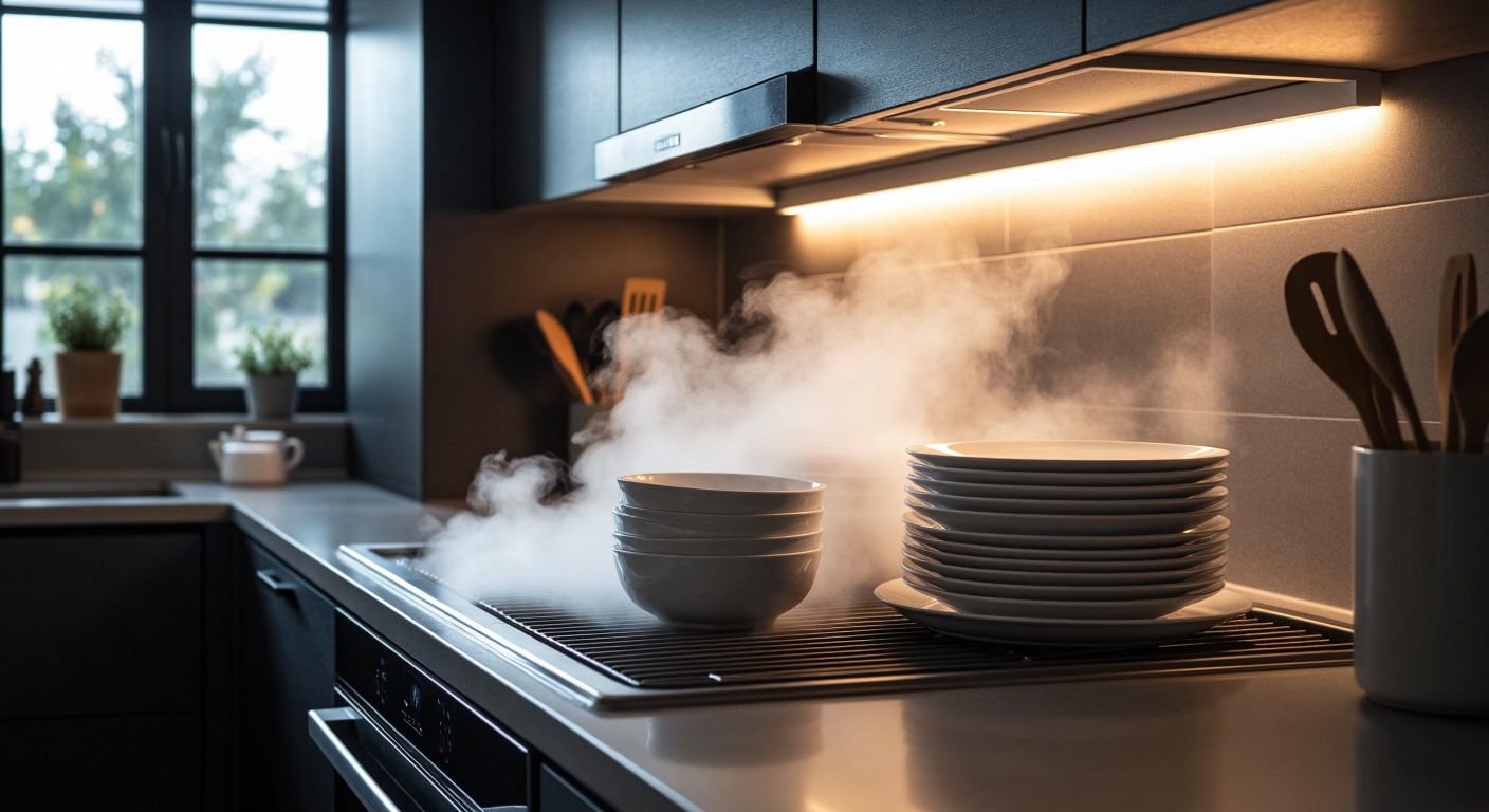 A modern Turkish kitchen with a dishwasher quietly humming in eco mode, steam gently rising from its door, while a neatly stacked pile of clean dishes glistens under warm overhead lighting.