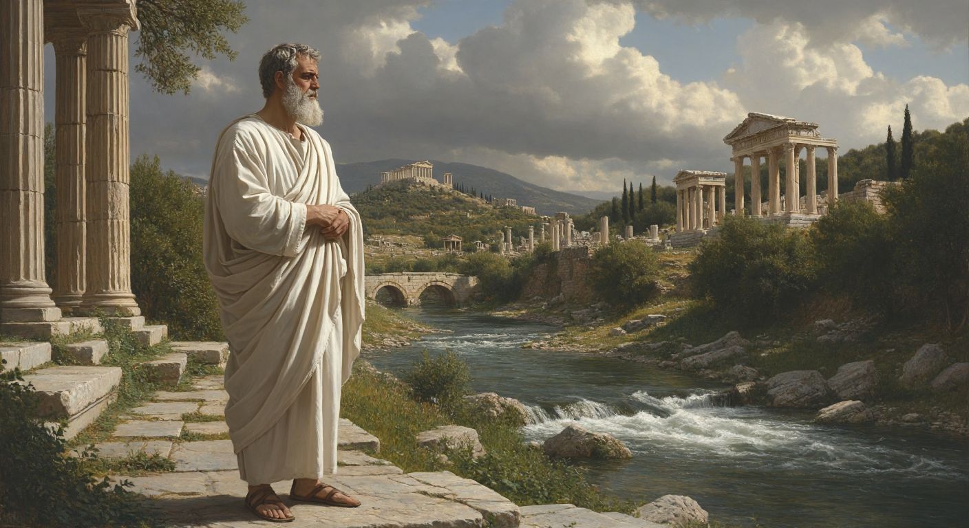 A wise, bearded ancient Greek philosopher in a flowing white robe stands pensively by the ruins of Ephesus, gazing at a flowing river symbolizing change.  

(Note: Since Heraclitus is a Greek philosopher, the description does not include Turkish context.)