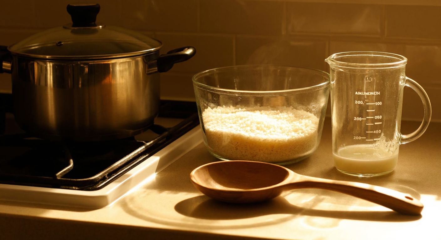 A Turkish kitchen counter with a glass measuring cup filled with rice next to a steaming pot, a wooden spoon resting nearby, and a warm golden light casting a cozy glow.