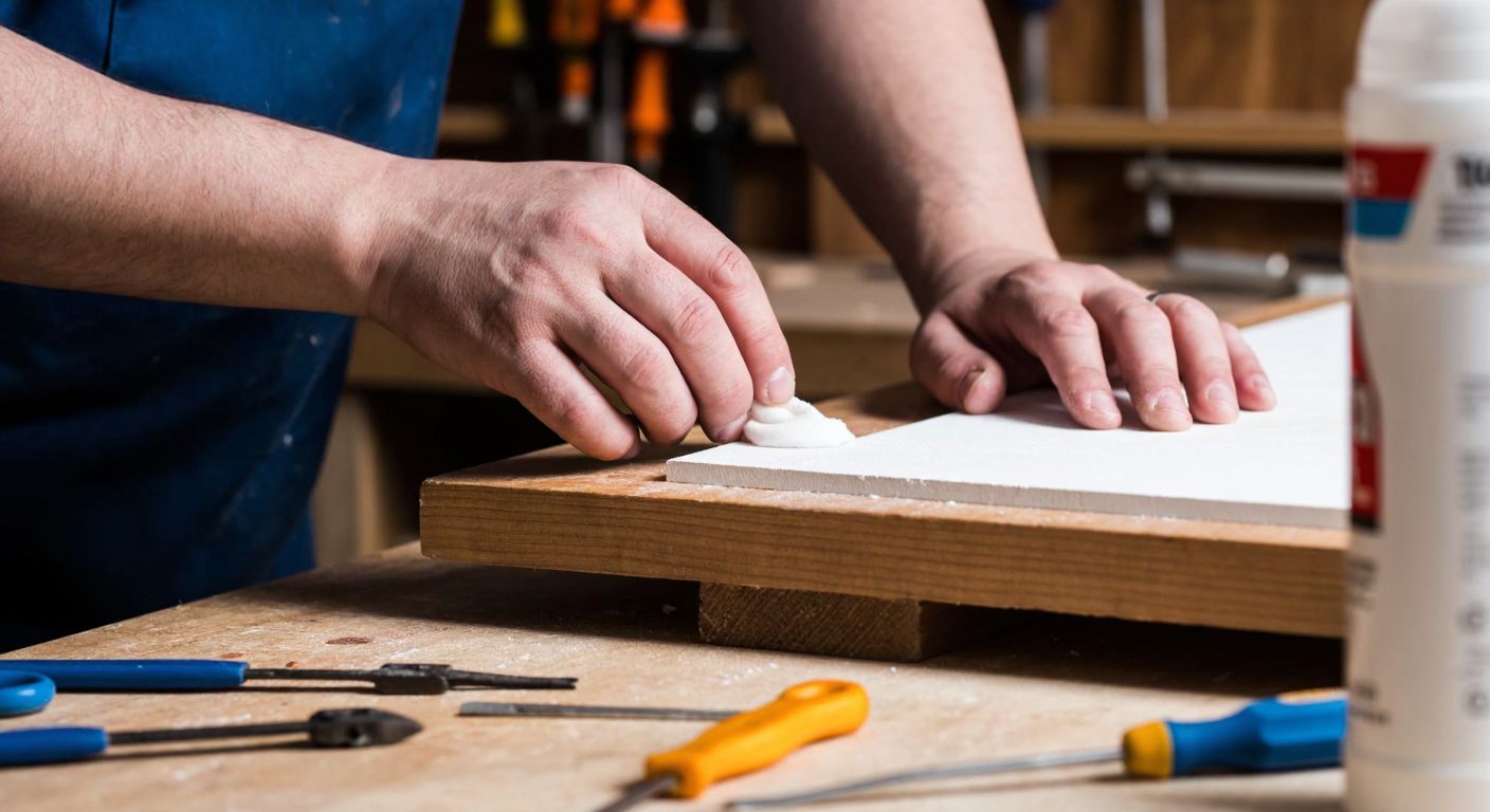 A close-up of a Turkish craftsman’s hands carefully applying a small amount of Modulup adhesive to clean wooden surfaces in a well-lit workshop, with tools neatly arranged nearby.