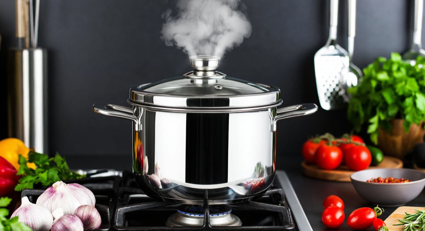 A shiny stainless steel pressure cooker with a modern design sits on a stovetop in a Turkish kitchen, steam gently escaping from its valve, surrounded by fresh vegetables and herbs.