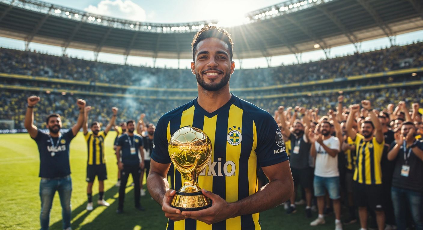 A confident Brazilian footballer in a Fenerbahçe jersey stands on a sunlit Turkish stadium field, holding a golden trophy while fans cheer in the background.