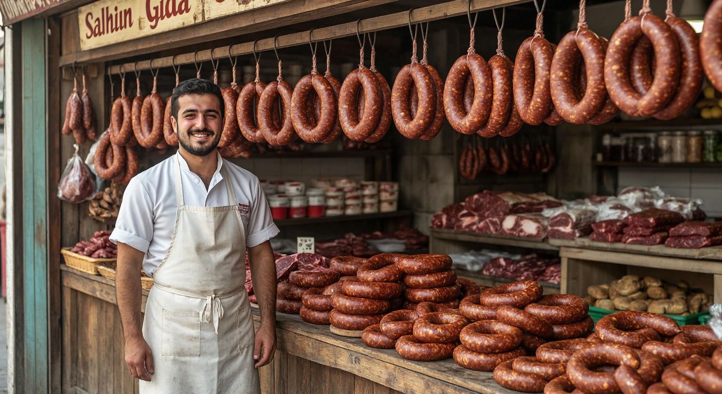 A rustic Turkish butcher shop displaying thick, coiled **Tombik sucuk** hanging from hooks, with a proud shopkeeper in a white apron smiling beside shelves of Şahin Gıda products.