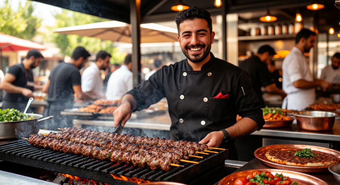 A smiling chef in a bustling Adana kebab restaurant grills juicy skewers over glowing charcoal, while a satisfied diner enjoys a single sizzling portion of spicy Adana kebab on a copper plate.