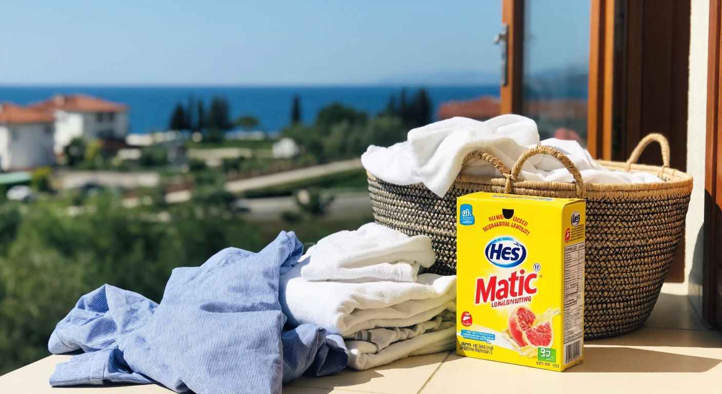 A bright yellow box of Hes Matik laundry detergent sits on a sunny balcony in Turkey, next to a pile of clean, folded clothes and a traditional woven laundry basket.