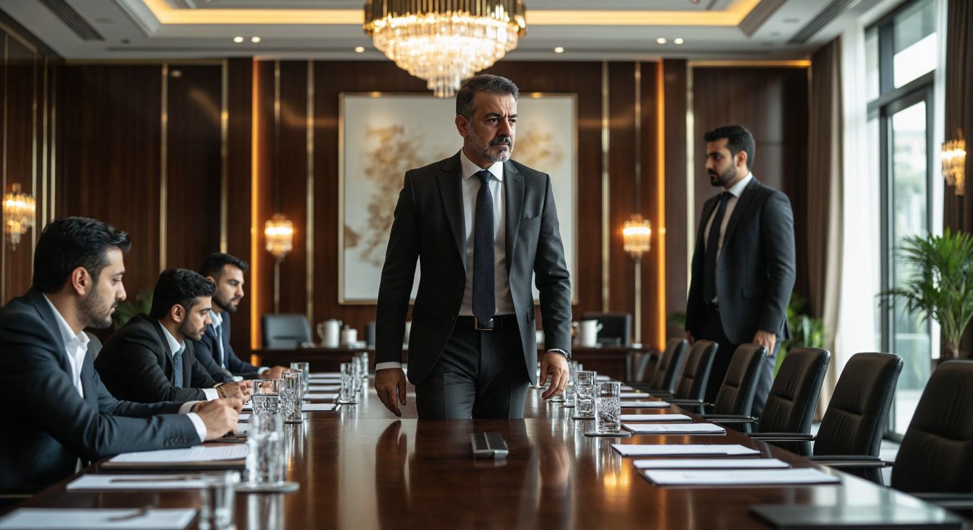 A distinguished Turkish businessman in a formal suit steps away from a modern corporate boardroom table, his expression composed yet contemplative, while a group of executives in sharp attire discuss documents under the warm glow of a chandelier in an upscale Istanbul office.