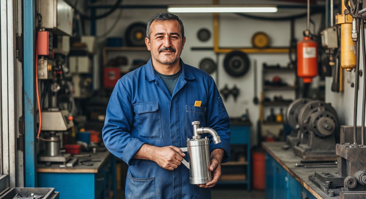 A middle-aged Turkish man in a blue work uniform stands proudly in front of a small industrial workshop, holding a shiny water pump, with tools and machinery visible in the background.