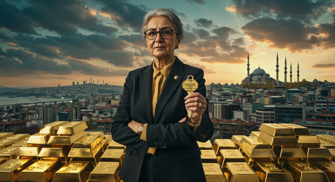 A dignified elderly Turkish woman in an elegant suit stands confidently in front of a modern Istanbul skyline, holding a golden key while surrounded by stacks of gleaming gold bars.