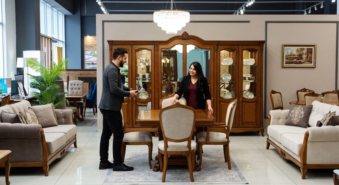 A well-lit Turkish furniture showroom displays elegant wooden dining sets and plush sofas, with a smiling salesperson assisting a curious customer while another examines a finely crafted cabinet.