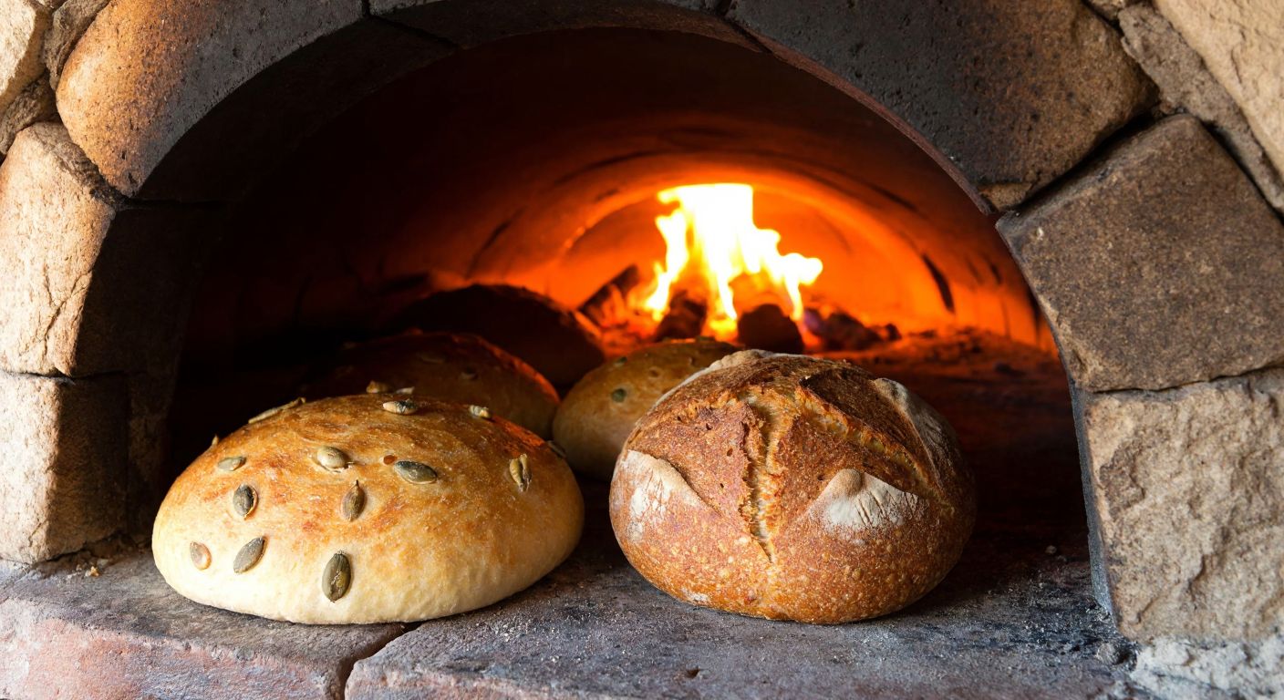 A rustic stone oven glowing with warmth, its interior filled with golden-brown loaves of traditional Turkish bread, including a round taş fırın ekmeği and a slice of bal kabaklı mısır ekmeği with visible pumpkin seeds, surrounded by the aroma of freshly baked sourdough.