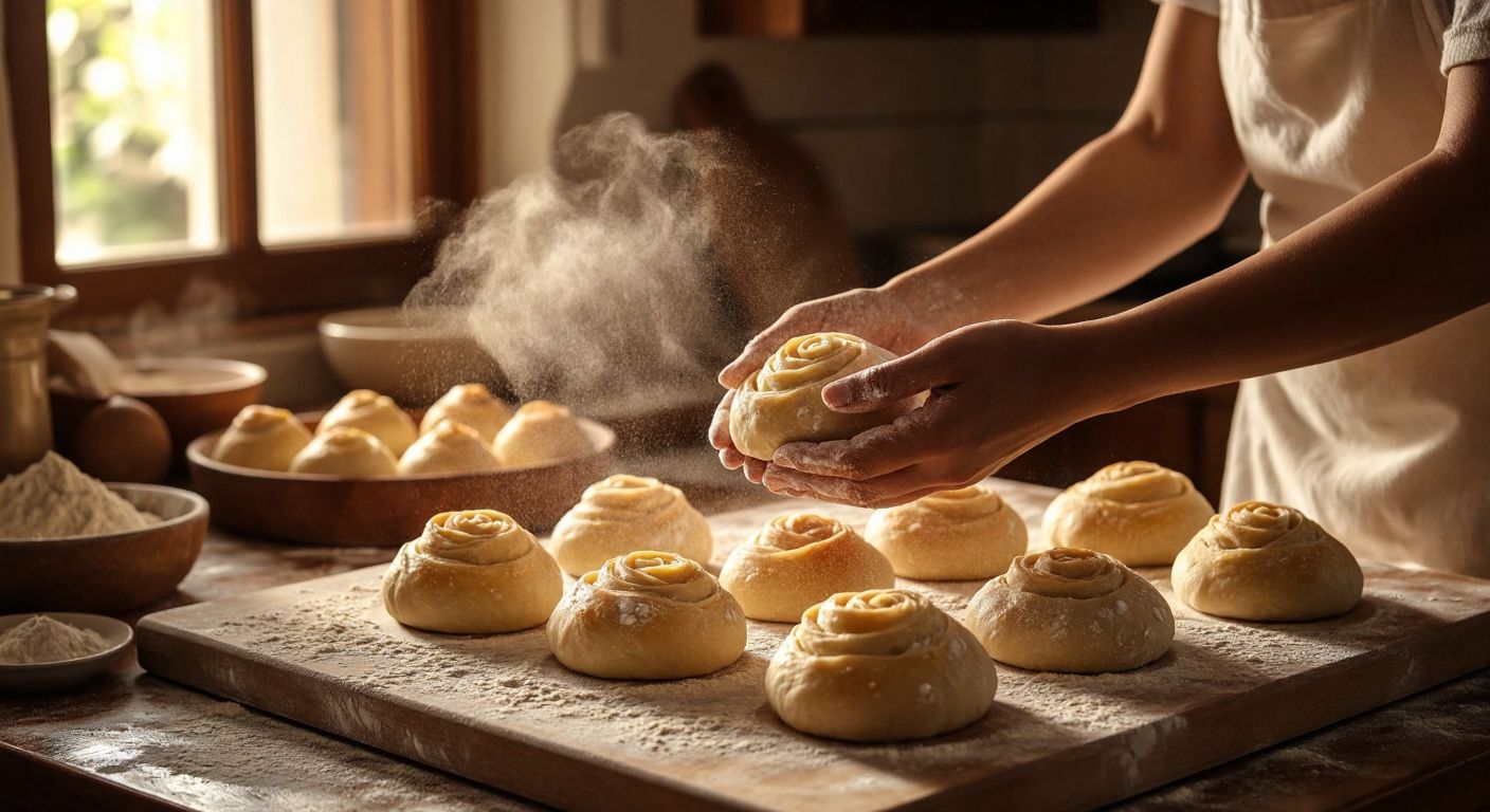 A warm, sunlit Turkish kitchen with a wooden countertop covered in flour, where a pair of hands kneads soft, yogurt-infused dough into small rose-shaped poğaça pastries, ready to be baked to golden perfection.