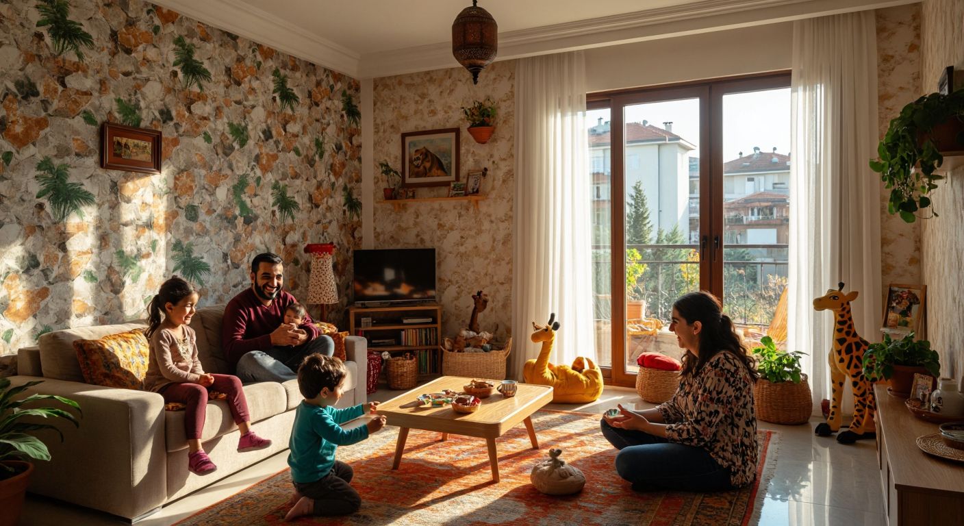 A Turkish family smiles in a sunlit living room with textured stone-patterned wallpaper, while a child plays nearby in a vibrant, animal-themed bedroom.