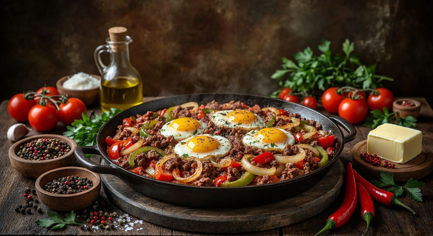 A rustic Turkish kitchen with a sizzling pan of sautéed onions, peppers, tomatoes, and minced meat, topped with cracked eggs, surrounded by fresh ingredients like olive oil, butter, and spices, evoking warmth and traditional cooking.