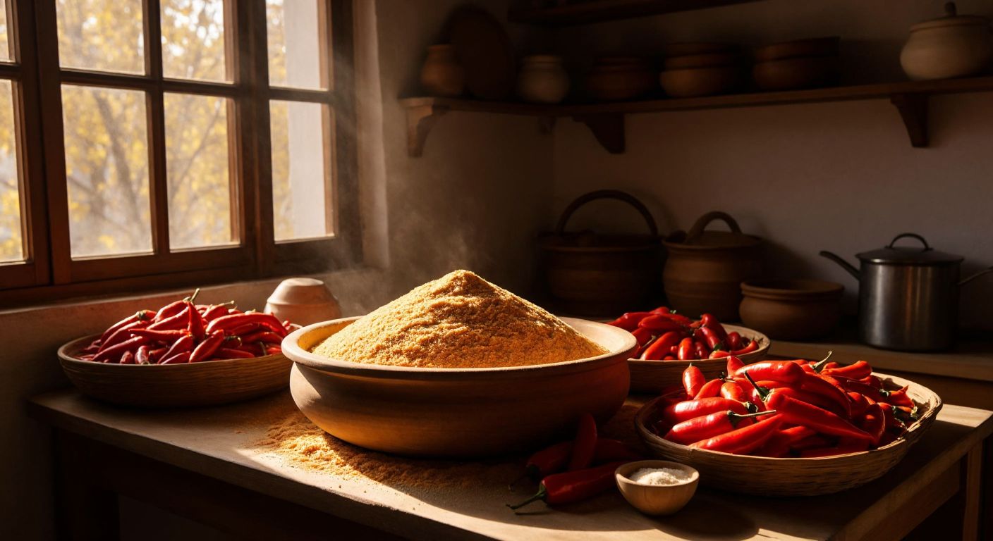 A sunlit Turkish kitchen with a large wooden bowl of golden-brown Uşak tarhana dough, surrounded by fresh red peppers and drying trays, evoking warmth and tradition.