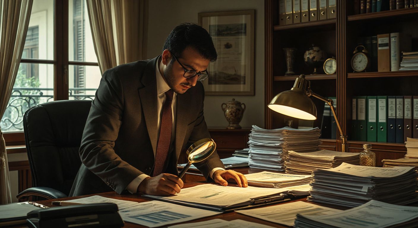 A focused accountant in a modern Turkish office meticulously organizing financial documents, while a stern auditor in a formal suit examines a ledger with a magnifying glass under warm lamplight.