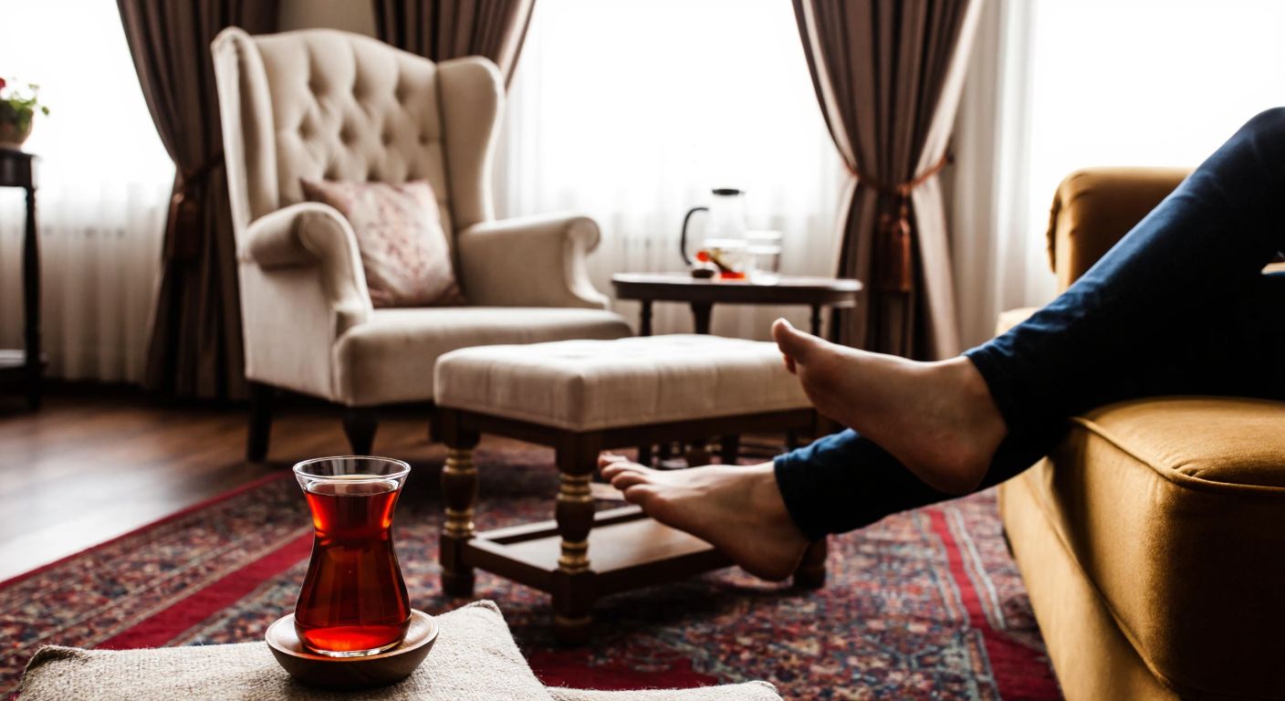 A cozy Turkish living room with a plush armchair and a wooden footrest stool, where a relaxed person rests their feet while sipping çay from a tulip-shaped glass.