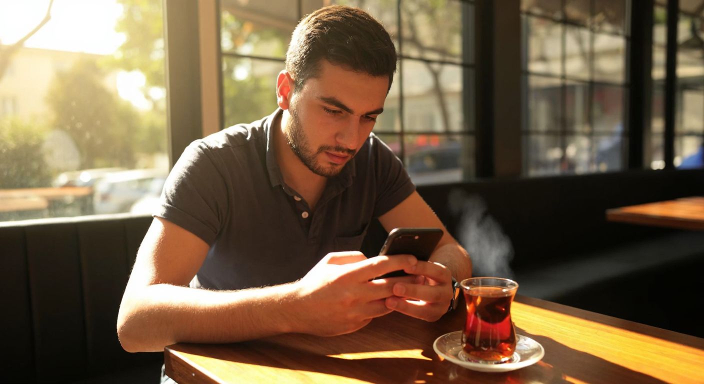 A young Turkish man in a casual shirt sits at a wooden table in a sunlit café, intently tapping his smartphone screen with a focused expression, while a steaming cup of Turkish tea rests beside him.
